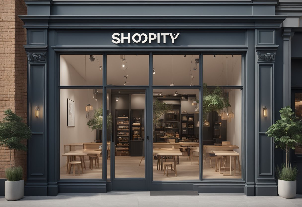 A storefront with the Shopify logo displayed prominently, consistent color scheme and design elements throughout the store