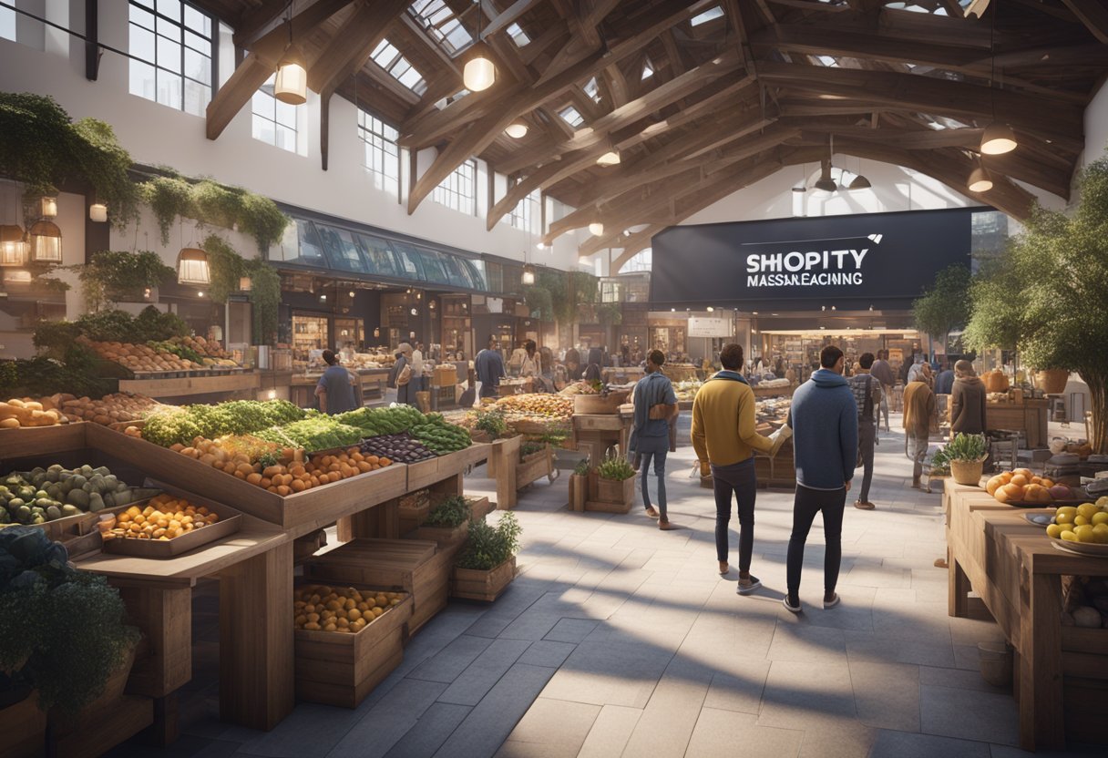 A bustling marketplace with various sales and marketing tools on display, showcasing the Shopify brand messaging