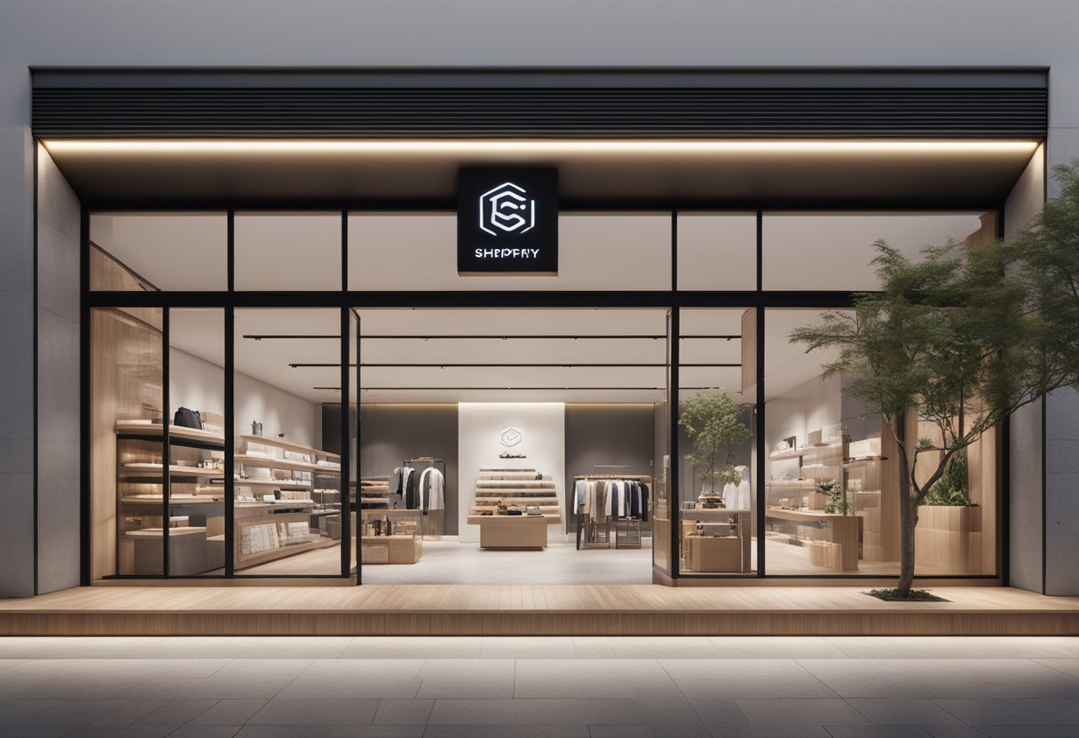A modern storefront with a clean, minimalist design, showcasing a variety of products and a prominent Shopify logo