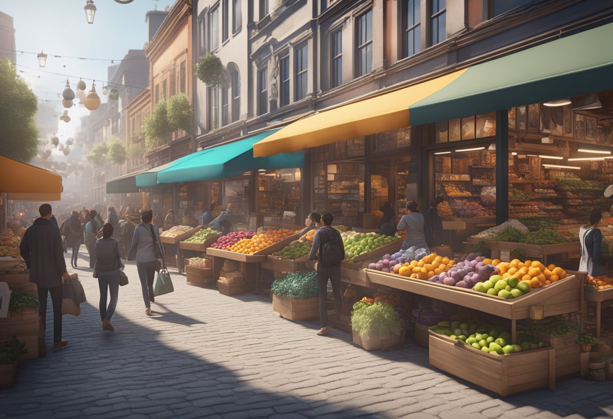 A bustling marketplace with colorful storefronts and busy shoppers