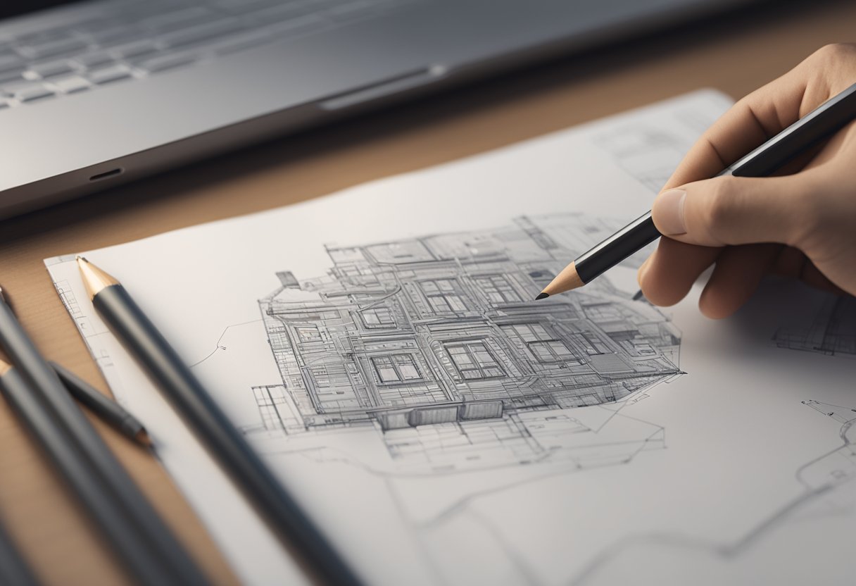 A hand holding a pencil sketches the Shopify logo with technical tools and resources in the background