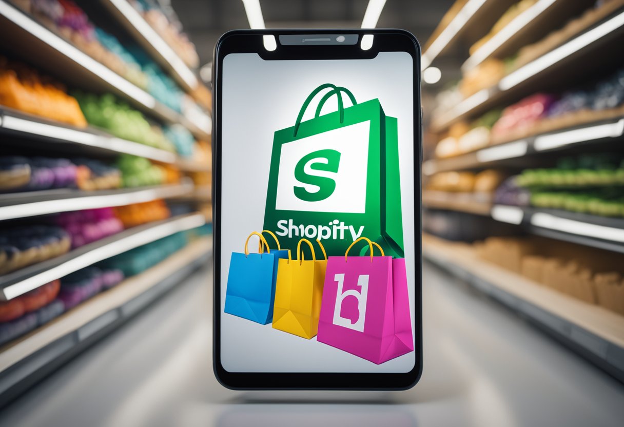 A computer screen displaying the Shopify logo with a stylized shopping bag and the word "Shopify" in bold lettering