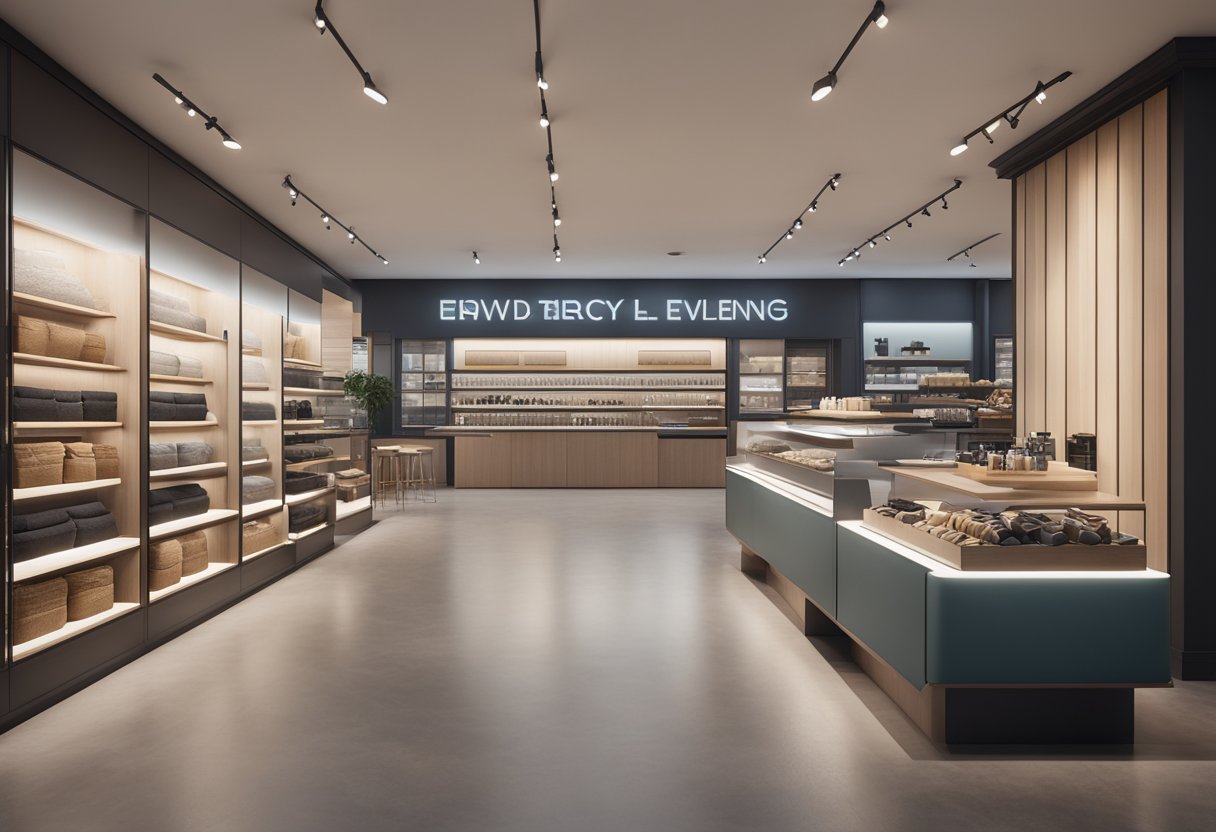 A modern storefront with clean lines and a minimalist color palette, featuring a sleek logo and uncluttered product displays